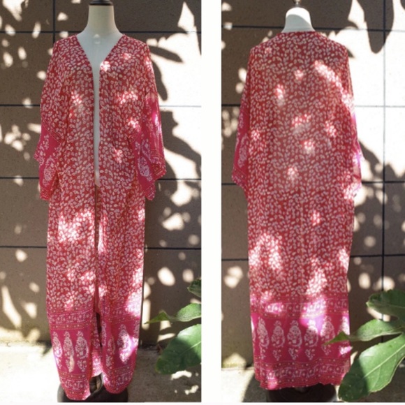 Pink Floral Boho Kimono Duster Coverup Robe - Picture 4 of 8